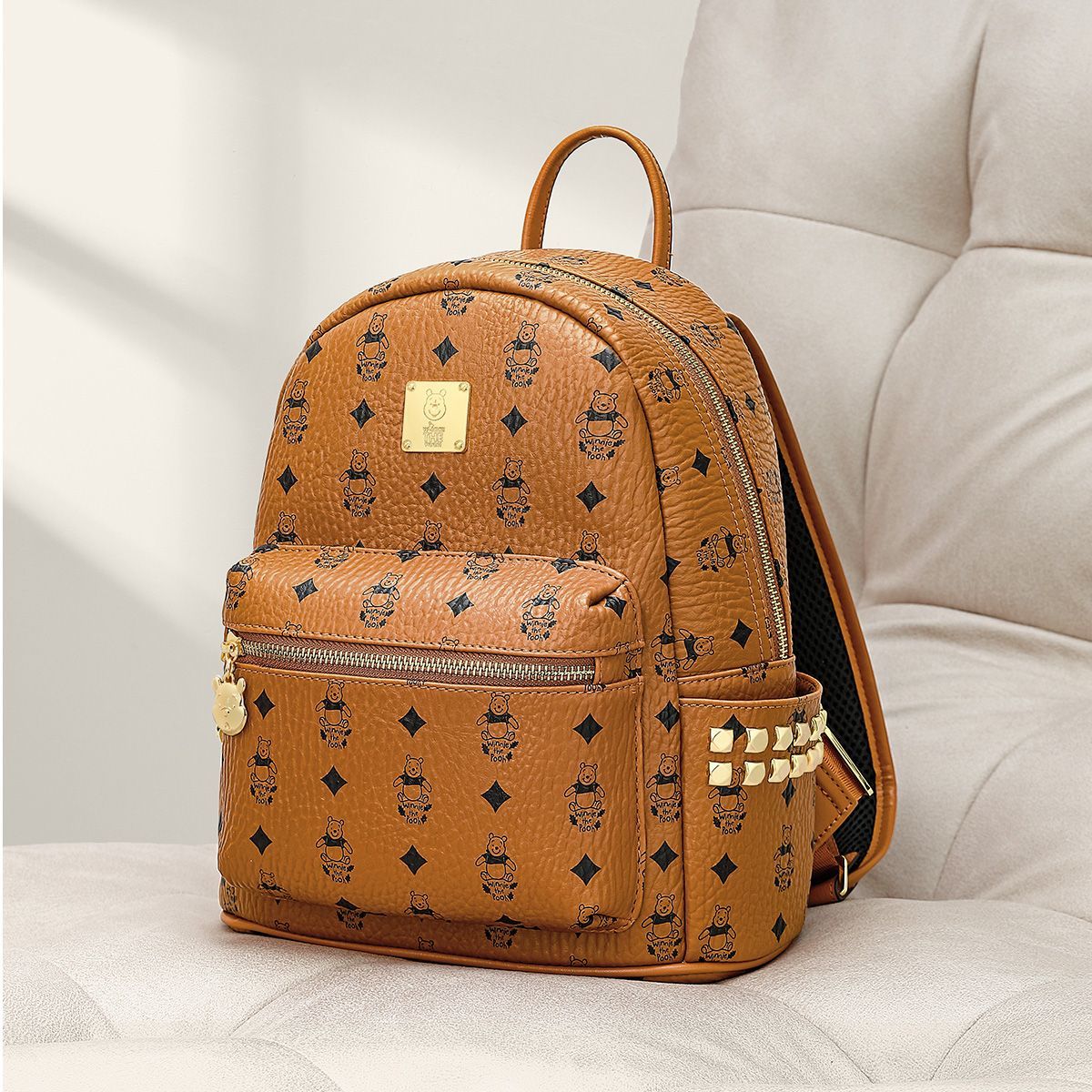 Vintage Print Studded Faux Leather Backpack CO-70002