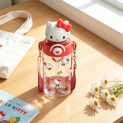 650ML Cute 3D Topper Flip-Top Straw Crossbody Water Bottle C-388