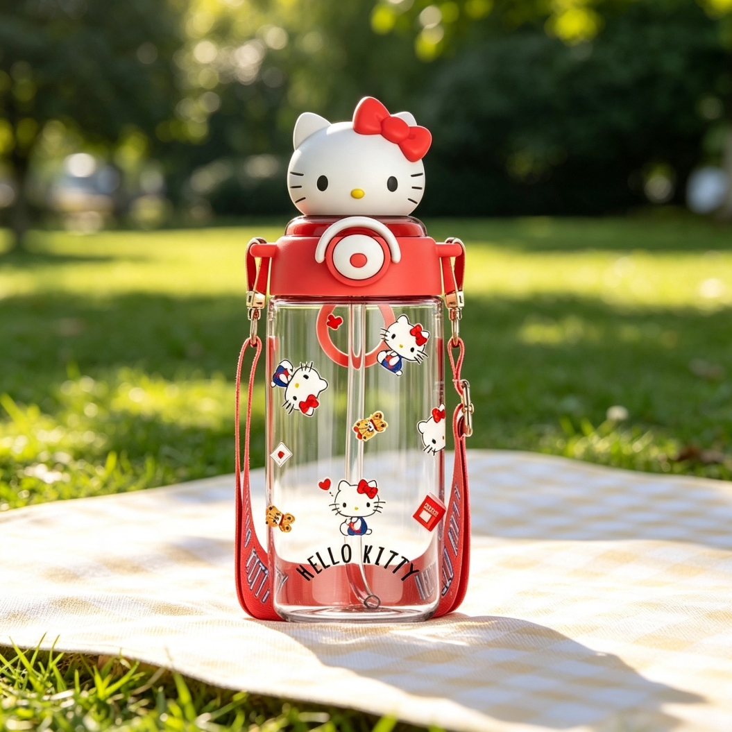 650ML Cute 3D Topper Flip-Top Straw Crossbody Water Bottle C-388