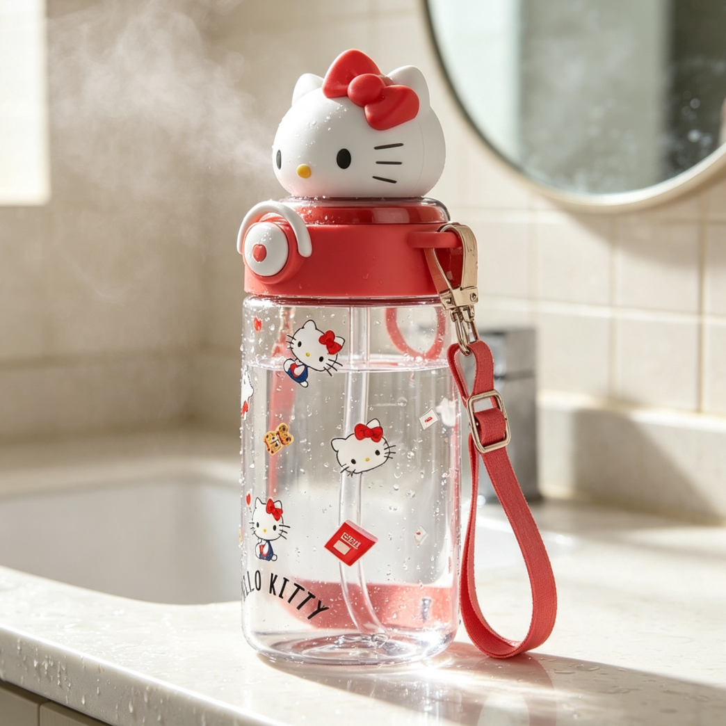 650ML Cute 3D Topper Flip-Top Straw Crossbody Water Bottle C-388