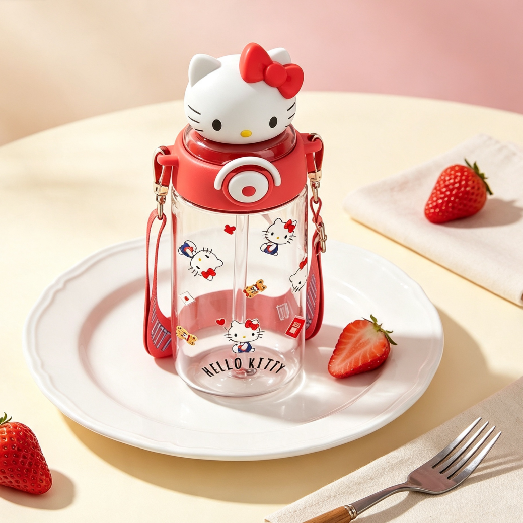650ML Cute 3D Topper Flip-Top Straw Crossbody Water Bottle C-388